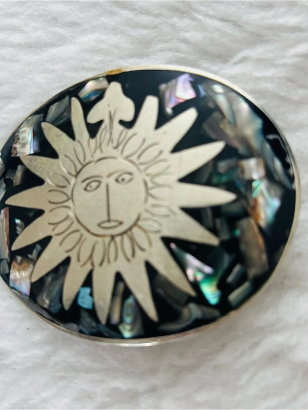 Alpaca Mexico Vintage Sun Face Abalone Inlay Belt Buckle - Black & Iridescent